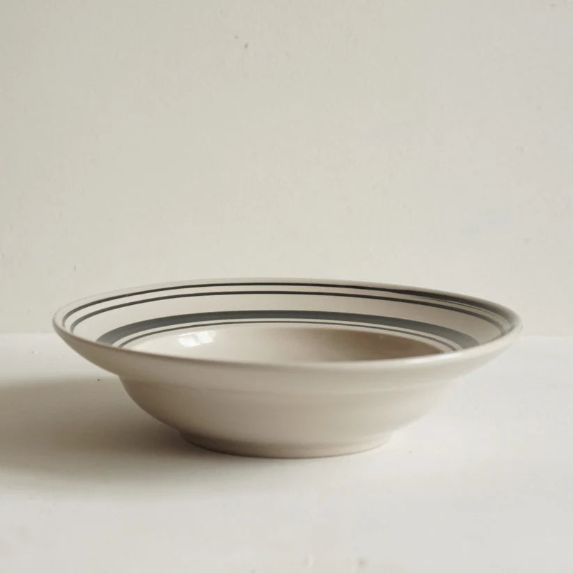 John Julian Shallow Bowl Black Linen Stripe - Classical Stoneware