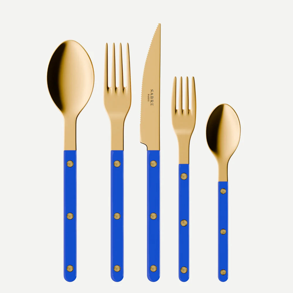 Sabre 5 pieces Cutlery Set Bistrot Gold Color Solid in Lapis Blue and Gold Finish