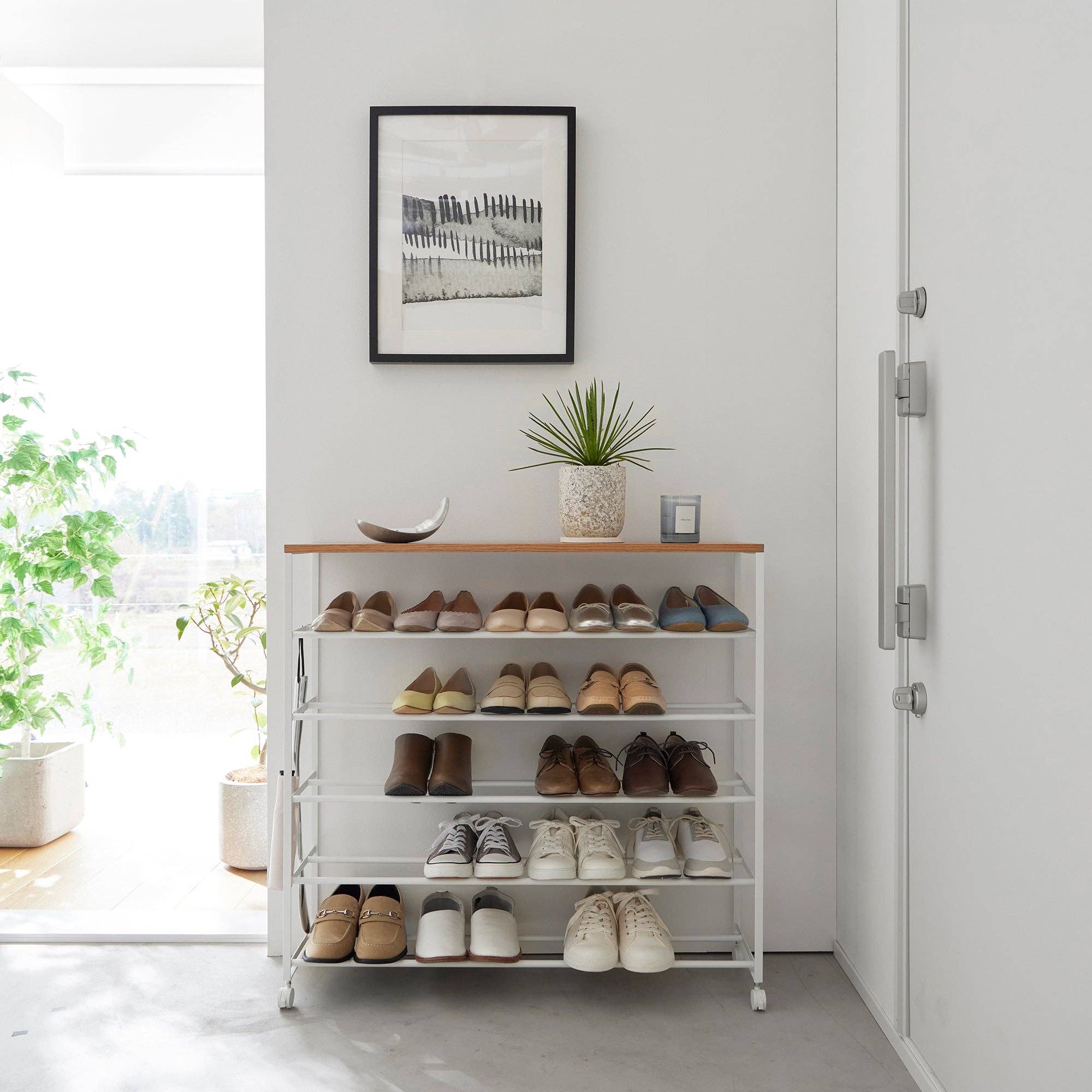 Rolling Five-Tier Shoe Rack (0" H)  - Steel + Wood: Black