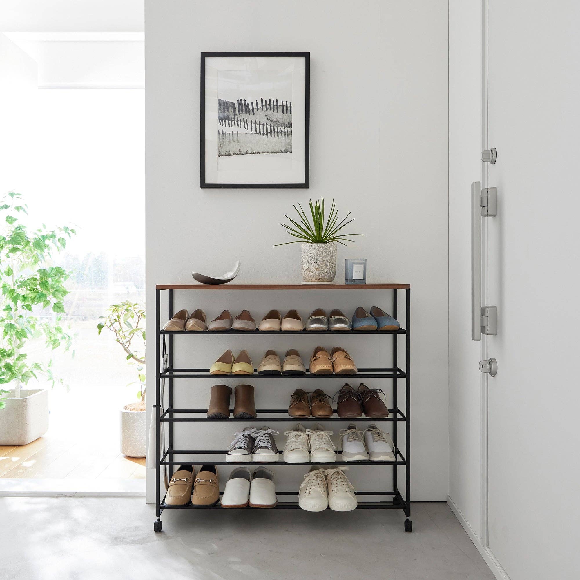 Rolling Five-Tier Shoe Rack (0" H)  - Steel + Wood: Black