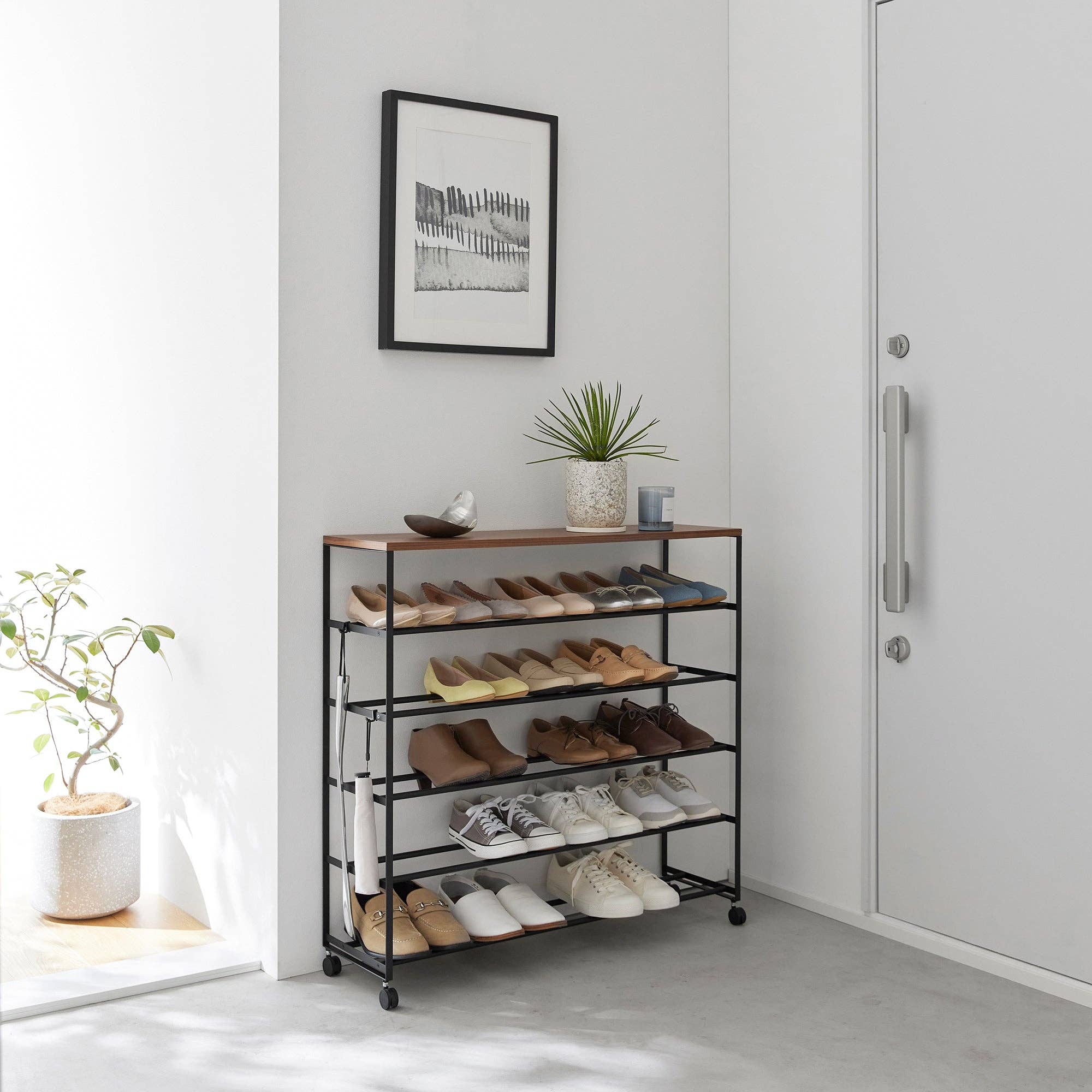 Rolling Five-Tier Shoe Rack (0" H)  - Steel + Wood: Black
