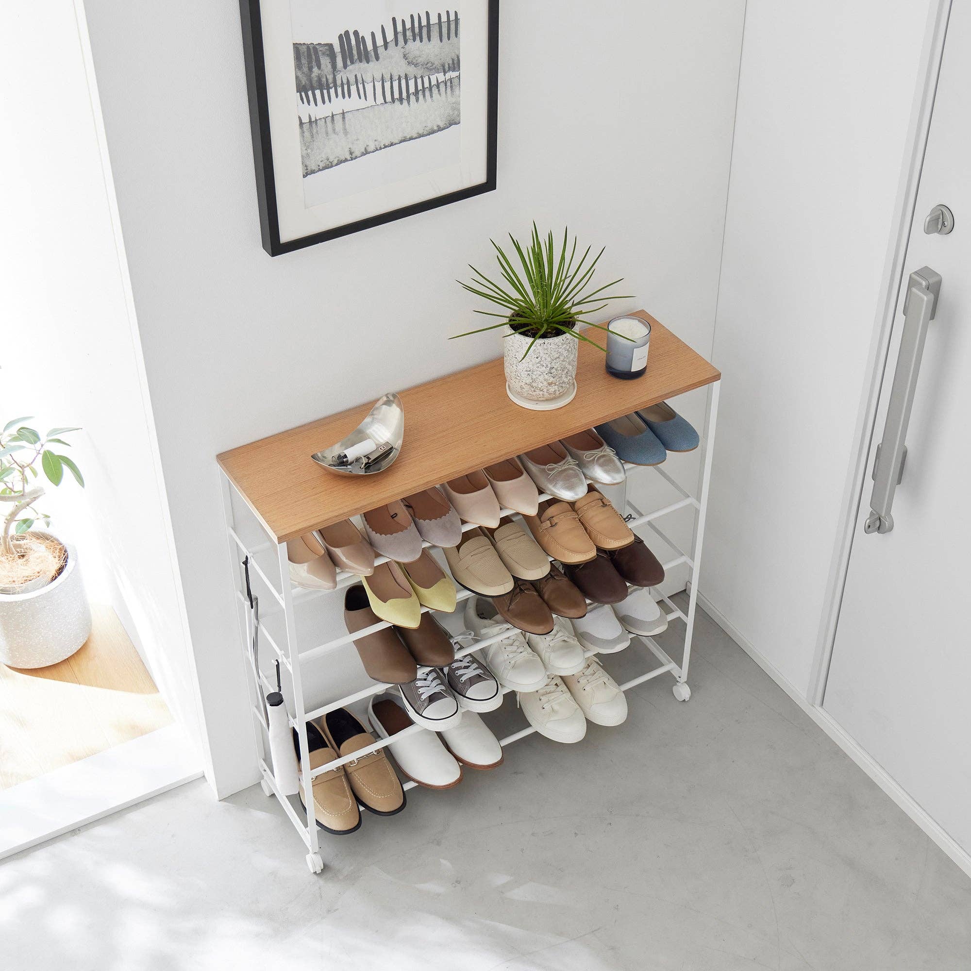 Rolling Five-Tier Shoe Rack (0" H)  - Steel + Wood: Black