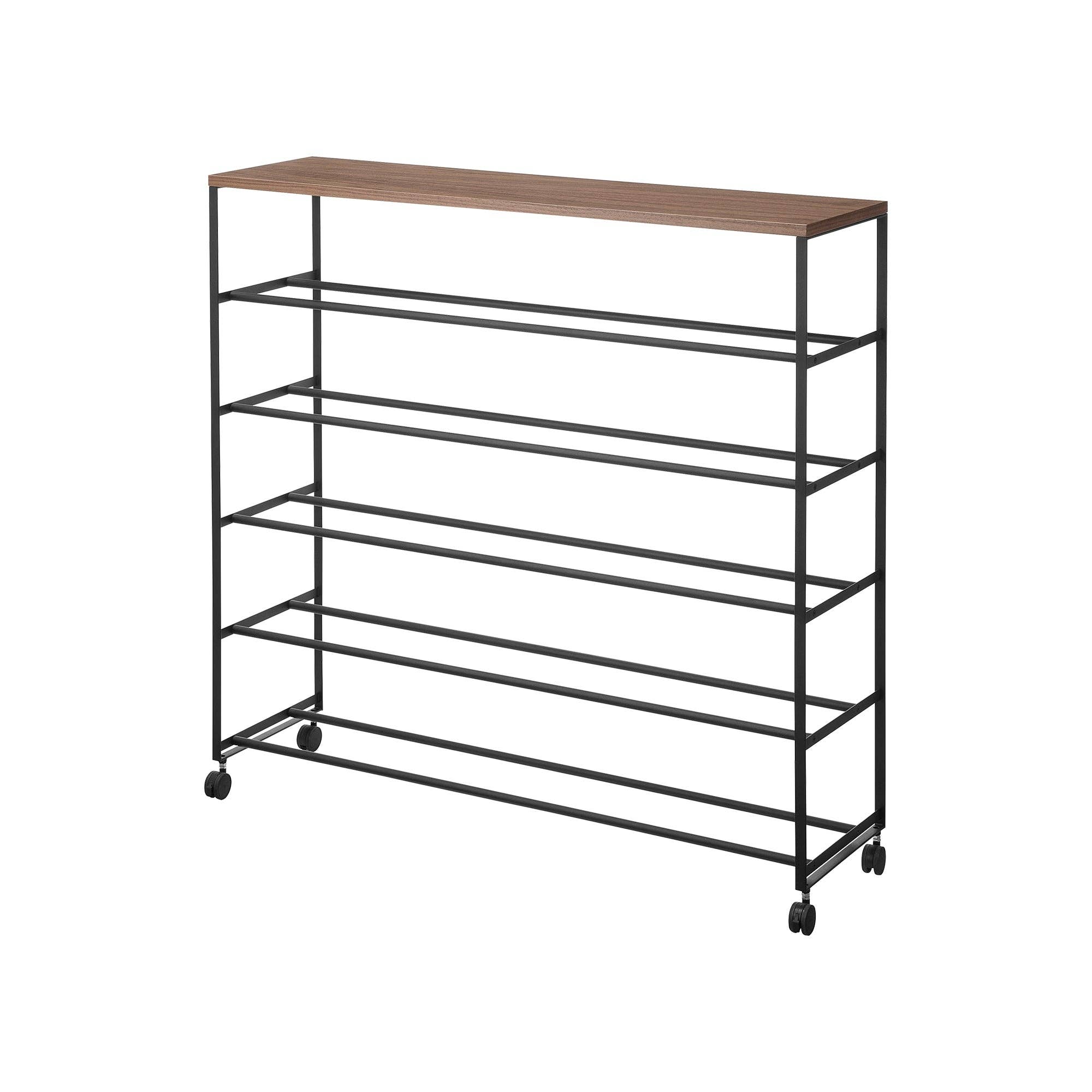 Rolling Five-Tier Shoe Rack (0" H)  - Steel + Wood: Black