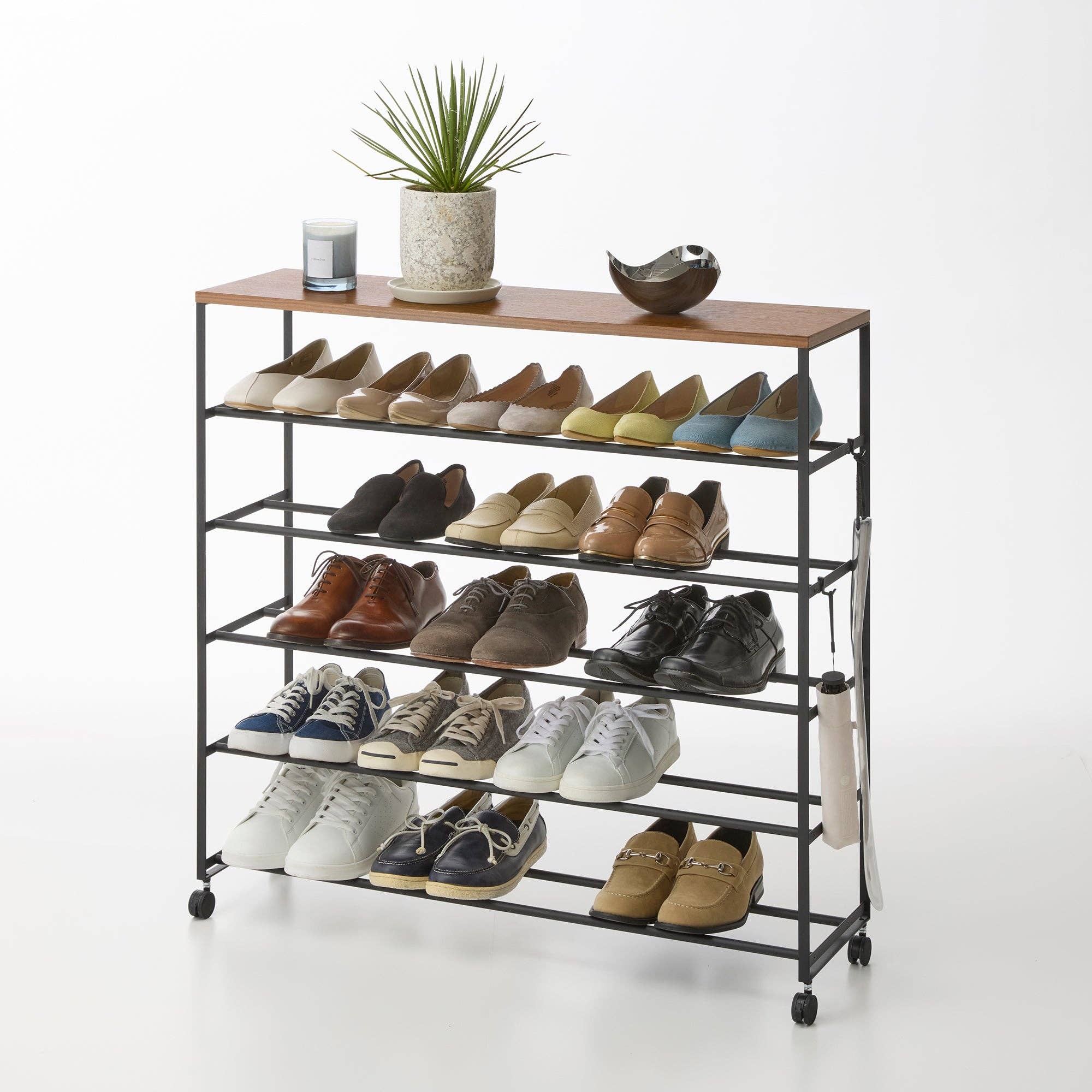 Rolling Five-Tier Shoe Rack (0" H)  - Steel + Wood: Black