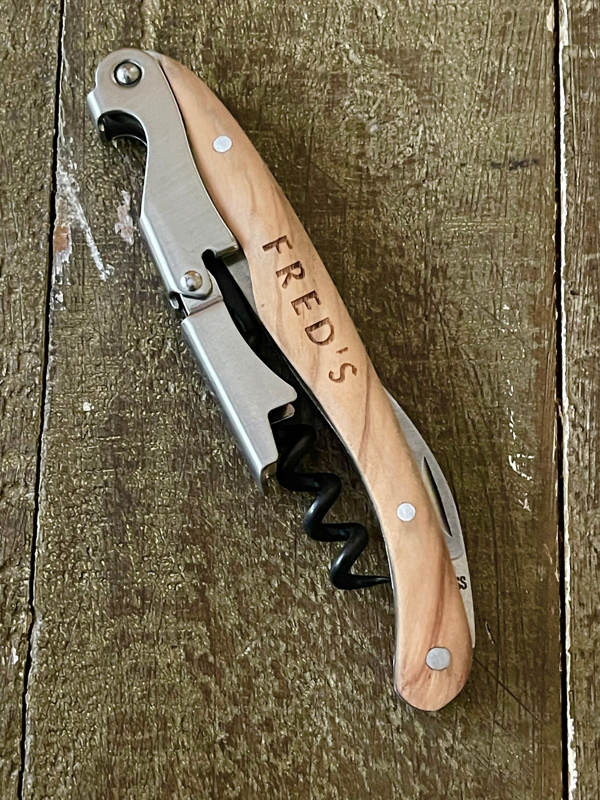 Olivewood Vincere Corkscrew Custom Engraved FRED’S Logo On Handle