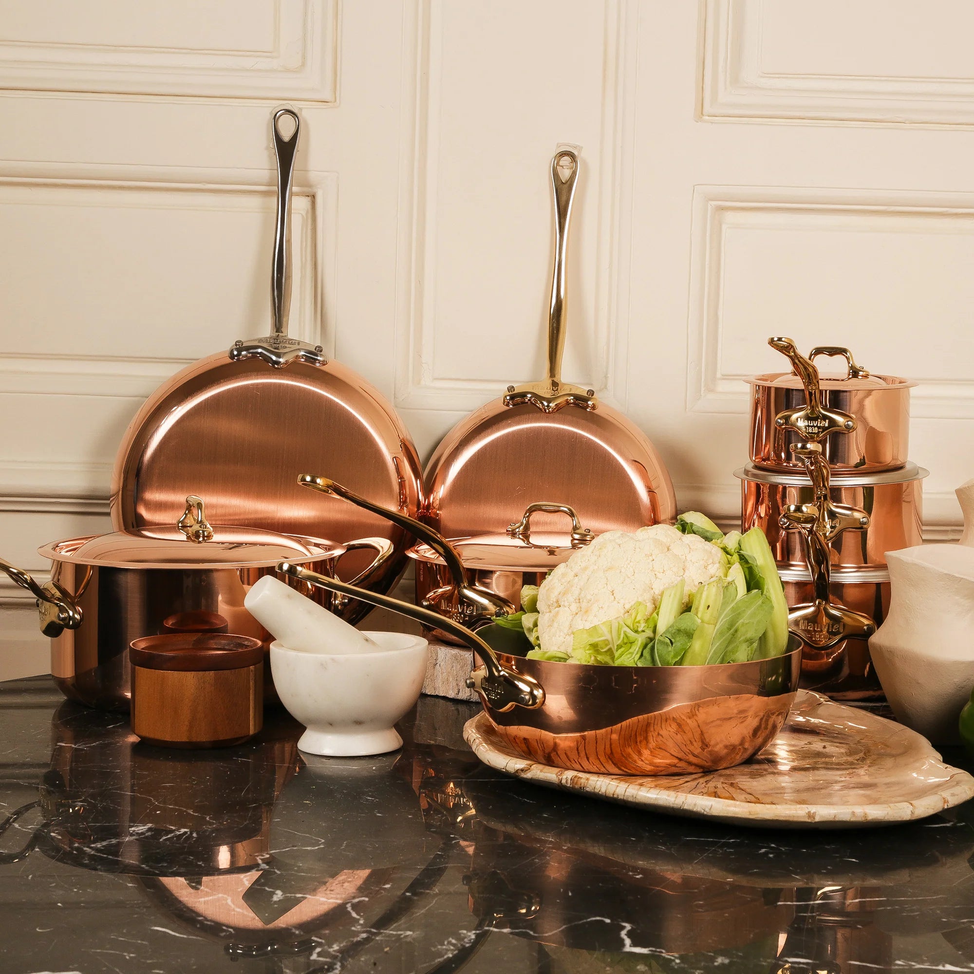 Mauviel M'Heritage 150 B Copper Curved Splayed Saute Pan With Lid and Brass Handle, 2.1-Qt