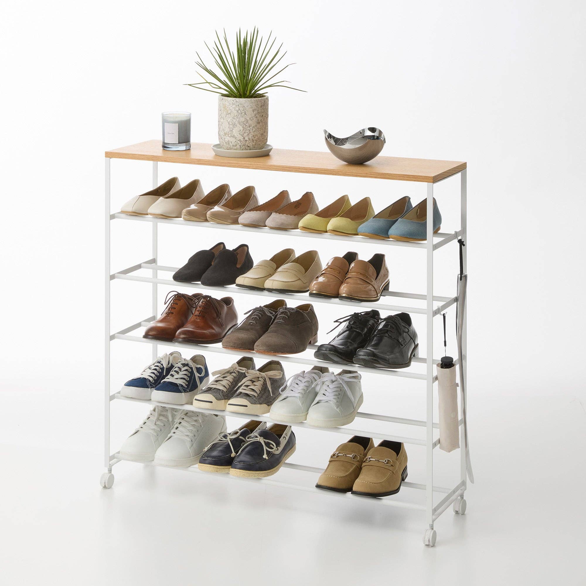 Rolling Five-Tier Shoe Rack (0" H)  - Steel + Wood: Black
