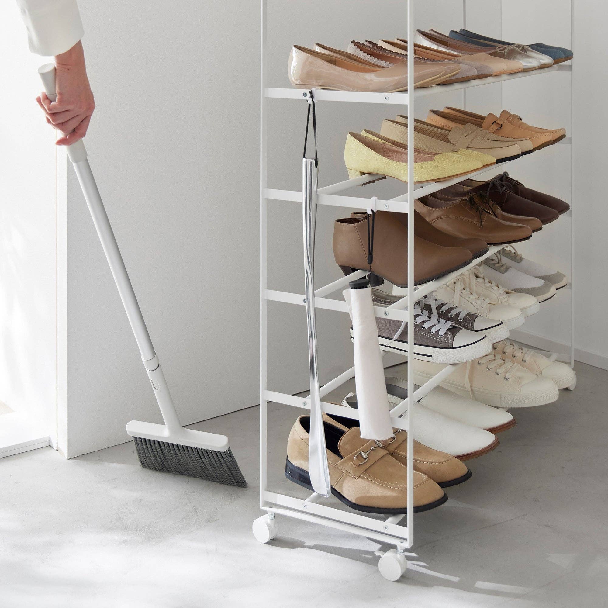 Rolling Five-Tier Shoe Rack (0" H)  - Steel + Wood: Black