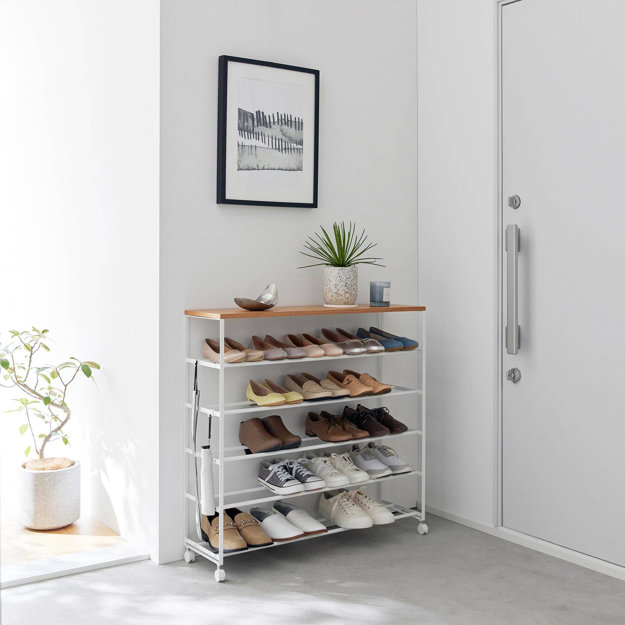 Rolling Five-Tier Shoe Rack (0" H)  - Steel + Wood: Black
