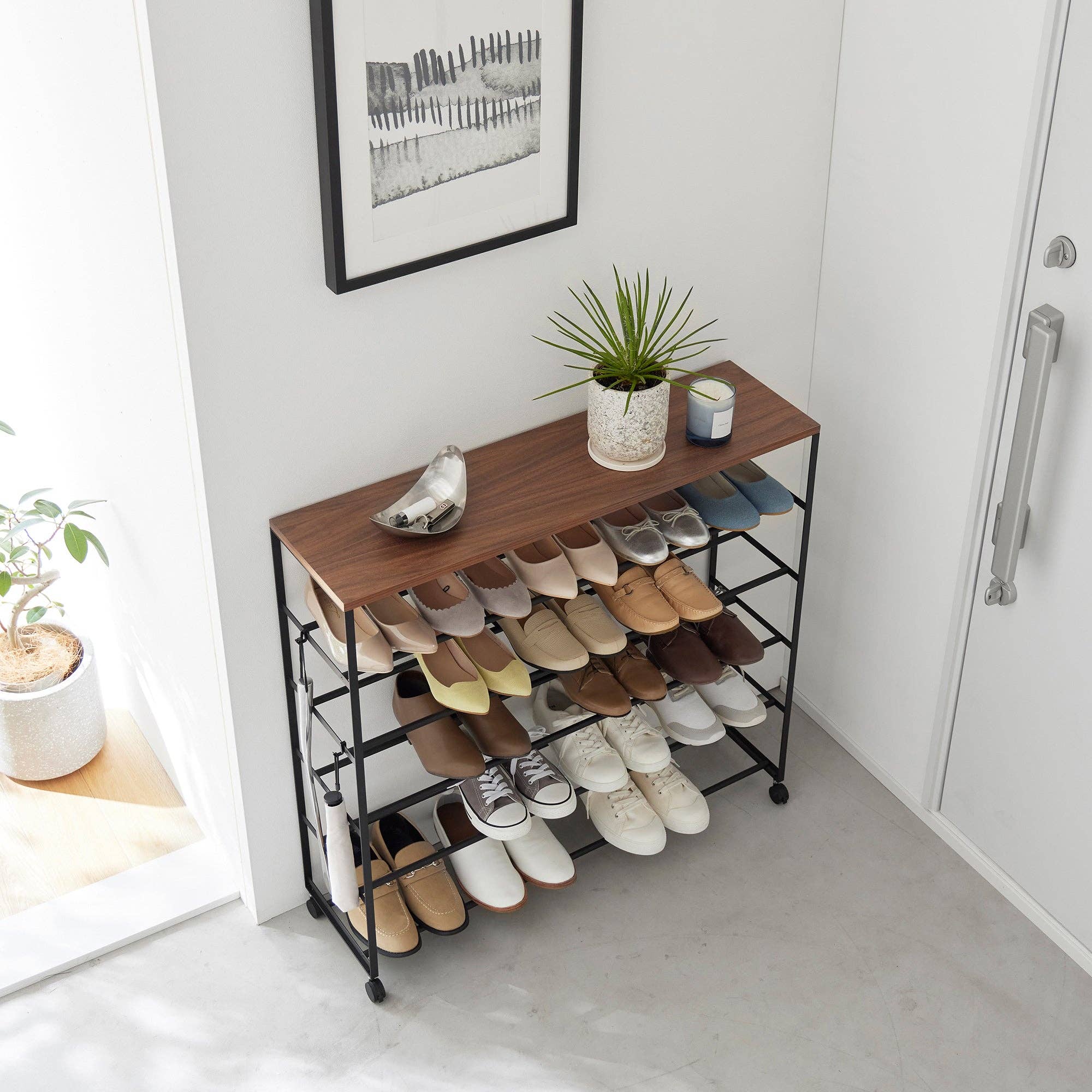Rolling Five-Tier Shoe Rack (0" H)  - Steel + Wood: Black